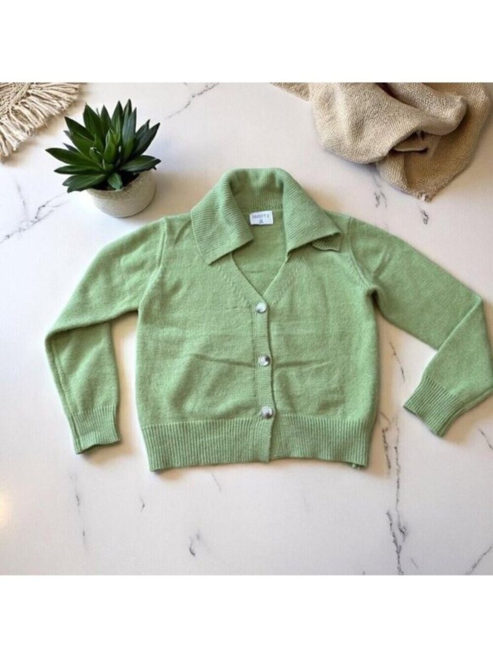 Compania Fantastica Green Knit Cardigan With Wide Collar Size Small - Picture 2 of 13